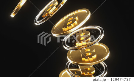 Futuristic Golden Bitcoin Coins on dark background. 3D Digital Cryptocurrency Concept 129474757