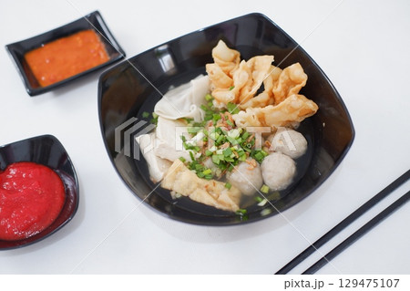 Bakso Noodle Soup with Wontons and Chili Sauce 129475107