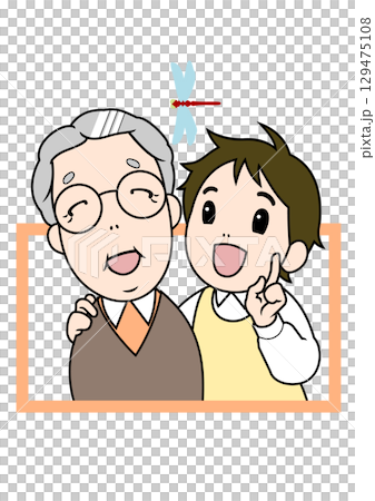 トンボを見つけて笑顔で眺める介護士と高齢者 129475108