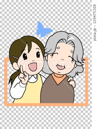 蝶を見つけて笑顔で眺める介護士と高齢者 129475109