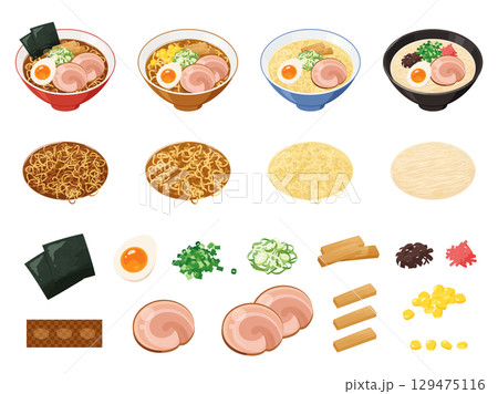 ラーメンと具材のイラスト素材セット 129475116