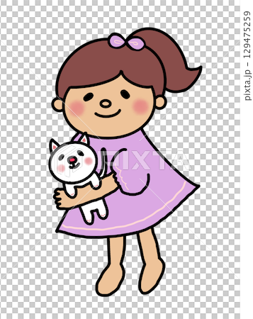 一個綁著馬尾、穿著紫色連身裙的可愛女孩抱著一隻白貓 一個綁著馬尾、穿著紫色連身裙的可愛女孩抱著一隻白貓 129475259