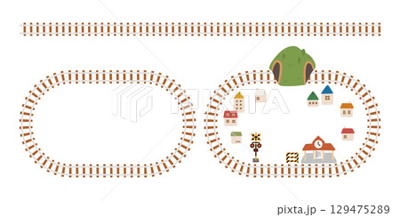 楕円形線路と山のトンネルや家や駅が描かれたイラストセット 129475289