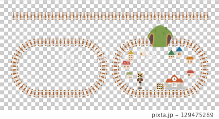 楕円形線路と山のトンネルや家や駅が描かれたイラストセット 129475289