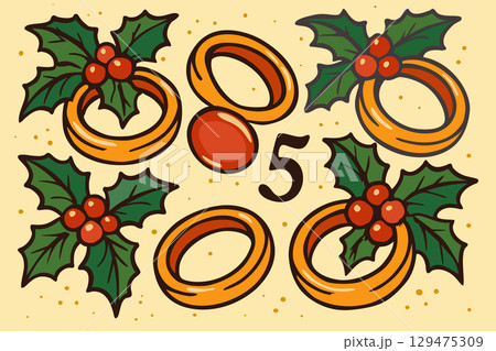 Five gold rings. The twelve days of Christmas. English Christmas carol. Fifth day. Vector isolated illustration Five gold rings. The twelve days of Christmas. English Christmas carol. Fifth day. Vector isolated illustration 129475309