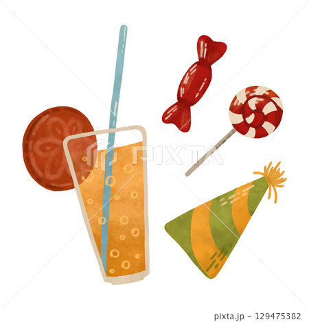 Lemonade, candy, lollipop, holiday cap, a set of elements. Hand drawn in watercolor and pastel in shades of yellow, green, red, and orange. For design Lemonade, candy, lollipop, holiday cap, a set of elements. Hand drawn in watercolor and pastel in shades of yellow, green, red, and orange. For design 129475382
