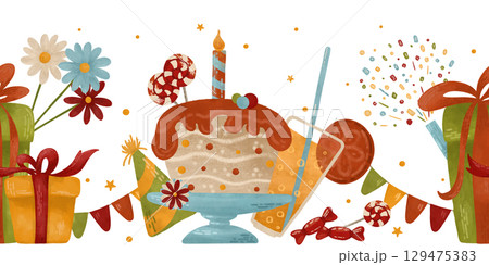 Festive seamless horizontal border: cupcake, candle, candy, garland, confetti, flowers, gifts. Watercolor, pastel illustration in autumn colors. For printing design Festive seamless horizontal border: cupcake, candle, candy, garland, confetti, flowers, gifts. Watercolor, pastel illustration in autumn colors. For printing design 129475383
