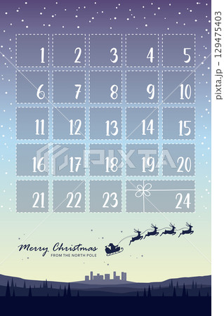 cute advent calendar with santa flying with sled and deer in snowy winter landscape vector illustration cute advent calendar with santa flying with sled and deer in snowy winter landscape vector illustration 129475403