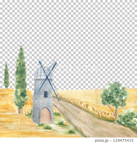 Landscape with stone windmill by a rural dirt road, by golden fields, green trees, and tall cypress. Charming watercolor ideal for greeting cards, wall art, book illustrations, and seasonal stationery 129475415