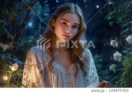 portrait of a beautiful young bride in a white dress 129475763