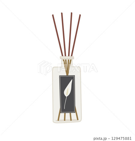 Aroma diffuser bottle with sticks isolated on white background. Aromatherapy hand draw vector illustration. Cozy home. 129475881