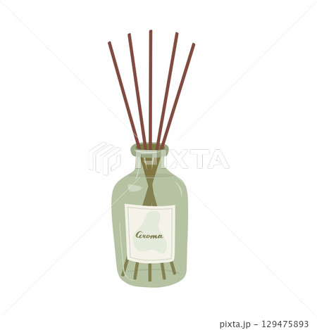 Diffuser bottle with aroma sticks isolated on white background. Aromatherapy hand draw vector illustration. Cozy home. Relax fragrance 129475893