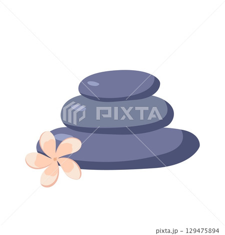 Massage stones in spa salon with plumeria flowers isolated on white background. Pebbles, beauty bodycare therapy flat vector illustration. 129475894