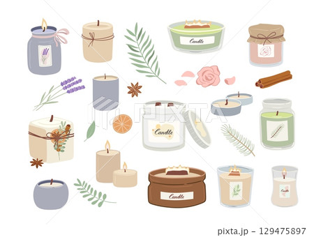 Set of scented candles and leaves for relax and spa. Aromatherapy hand draw vector illustration. The aroma of pine, lavender, rose, cinnamon, citrus. 129475897