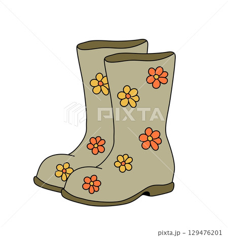 Floral rubber boots in trendy retro cartoon style. Groovy autumn flat vector illustration 129476201