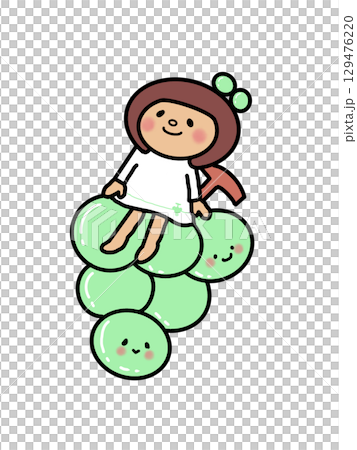 一位留著波波頭、穿著白色連身裙的女孩坐在她最喜歡的綠色 Shine Muscat 葡萄上 129476220