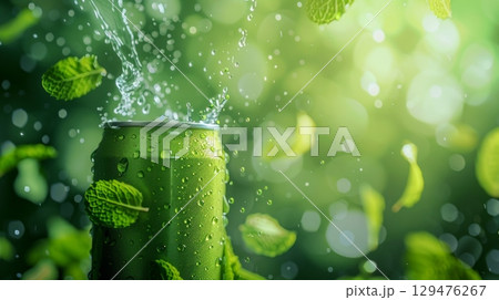 A green beverage can is shown in a natural setting with fizzy bubbles and leaves, creating a refreshing image 129476267