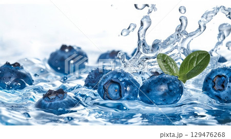 Blueberry in splash of water over white 129476268