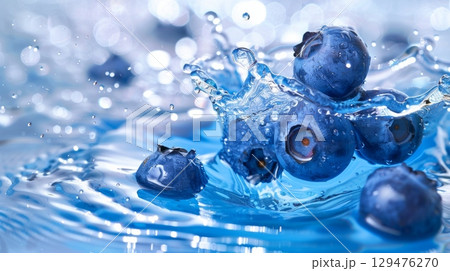Blueberry in splash of water over white 129476270