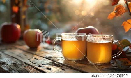 Enjoying a Warm Autumn Evening Sipping Spiced Apple Cider from Rustic Mugs, Perfect for gatherings with loved ones 129476365
