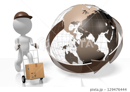 Courier with package, Earth - global delivery concept - 3D illustration 129476444