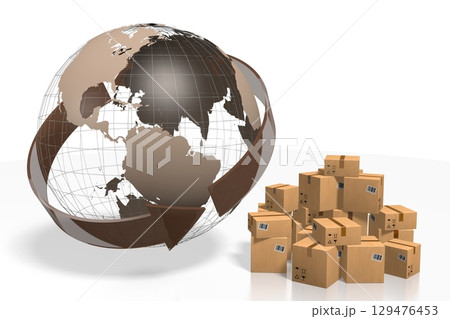 Packages and Earth - global delivery concept - 3D illustration 129476453