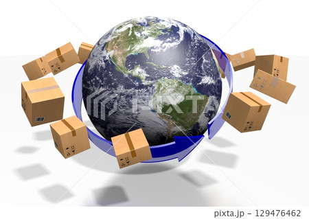 Packages and Earth - global delivery concept - 3D illustration 129476462
