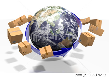 Packages and Earth - global delivery concept - 3D illustration 129476463