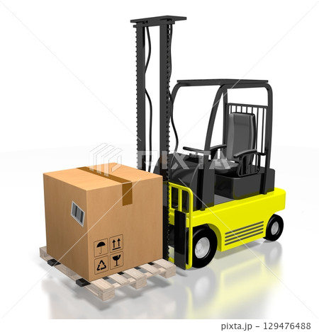 Package on forklift machine - delivery concept - 3D illustration Package on forklift machine - delivery concept - 3D illustration 129476488