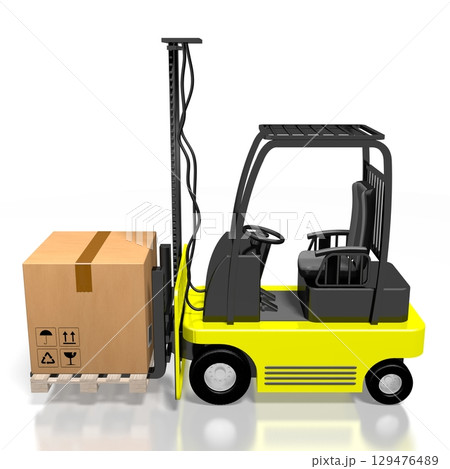 Package on forklift machine - delivery concept - 3D illustration Package on forklift machine - delivery concept - 3D illustration 129476489