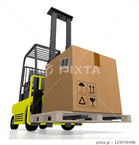 Package on forklift machine - delivery concept - 3D illustration Package on forklift machine - delivery concept - 3D illustration 129476496
