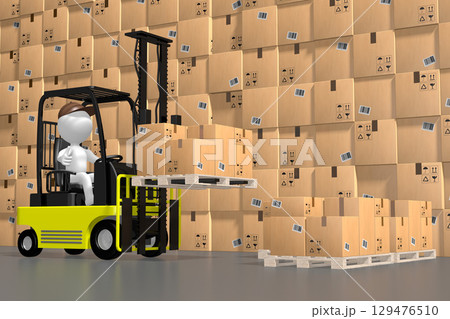 Courier with forklift and packages - delivery concept - 3D illustration 129476510