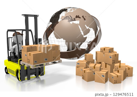 Earth, packages and forklift machine - international transport concept - 3D illustration Earth, packages and forklift machine - international transport concept - 3D illustration 129476511
