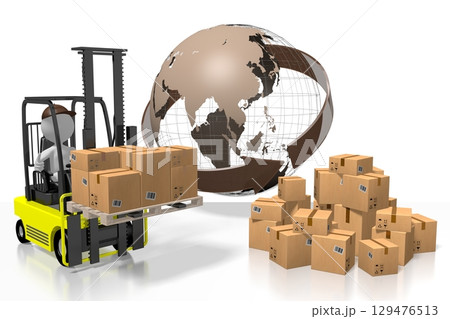 Earth, packages and forklift machine - international transport concept - 3D illustration Earth, packages and forklift machine - international transport concept - 3D illustration 129476513