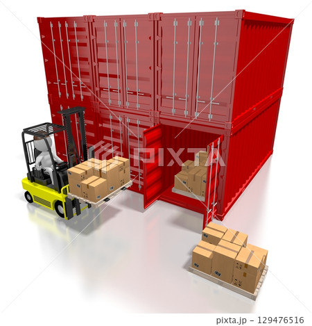 Courier with forklift machine and packages - logistics concept - 3D illustration 129476516