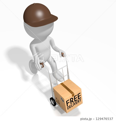 Courier carrying package on cart - 3D illustration 129476537