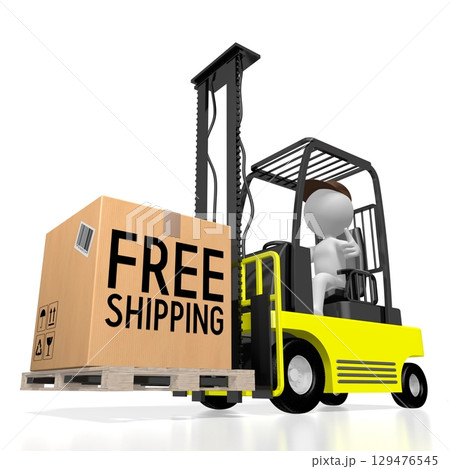 Courier carrying package on forklift vehicle - free shipping concept - 3D illustration 129476545