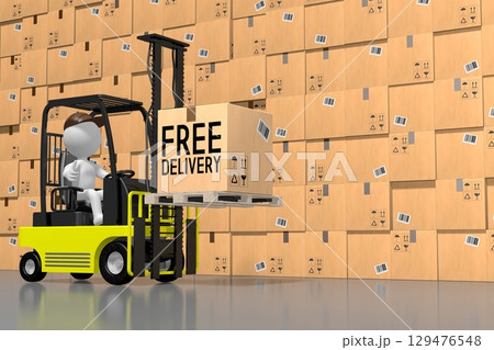 Courier and forklift machine - free delivery concept - 3D illustration Courier and forklift machine - free delivery concept - 3D illustration 129476548