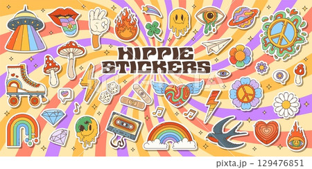 Retro groovy hippie stickers pack. UFO saucer, roller skates, melting emoji face and peace hippie symbols, psychedelic mushrooms, cassette, rainbow and eye funny 80s groovy vector stickers or patches Retro groovy hippie stickers pack. UFO saucer, roller skates, melting emoji face and peace hippie symbols, psychedelic mushrooms, cassette, rainbow and eye funny 80s groovy vector stickers or patches 129476851