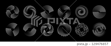 Line round spiral circular shapes, abstract speed swirl movement vector graphic elements. Abstract modern dynamic motion geometric shapes with spiral line pattern. White outline swirls and circles set 129476857
