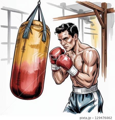 Boxer Training Hard in a Vintage-Style Gym With a Heavy Bag During an Intense Workout Session 129476862