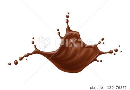 Chocolate splash and flow wave. Realistic cocoa splash and splatters. isolated 3d vector dessert swirl drink or stream. Brown coffee beverage with drops, liquid splashing with dynamic droplets scatter 129476875