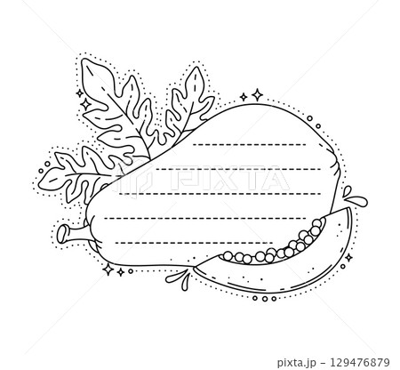 Natural papaya tropical fruit kids memo note template. Kids scrapbook vector frame, child diary memo note. Exotic tropical fruit schedule label or kid To Do list sticker with papaya fruit and leaves 129476879