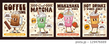 Cartoon groovy hippie dessert characters posters, vector retro y2k drinks. Vintage funny coffee cup and hot chocolate mug characters. Cute groovy matcha latte and milkshake glasses, cafe posters set Cartoon groovy hippie dessert characters posters, vector retro y2k drinks. Vintage funny coffee cup and hot chocolate mug characters. Cute groovy matcha latte and milkshake glasses, cafe posters set 129476889