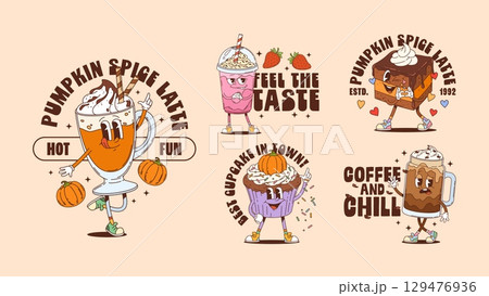 Groovy dessert characters t shirt print poster. Vector sweet comic personages of seasonal drinks and desserts like pumpkin spice latte, cupcake, milkshake and brownie with playful faces and y2k vibes 129476936