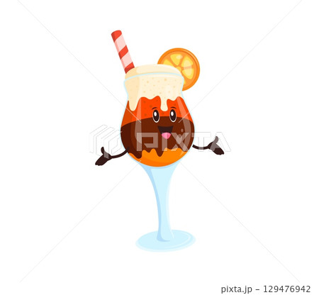Cartoon sweet cocktail drink cheerful character. Party tropical cocktail isolated vector character. Dessert drink with whipped cream, chocolate, citrus fruit glass funny groovy character or mascot 129476942