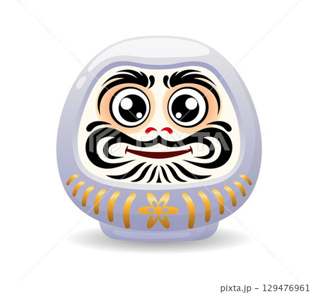 Cartoon white Japanese daruma doll with expressive eyes, smile and traditional facial ornaments. Isolated vector decorative souvenir, Asian symbol of motivation, perseverance and luck in japan culture Cartoon white Japanese daruma doll with expressive eyes, smile and traditional facial ornaments. Isolated vector decorative souvenir, Asian symbol of motivation, perseverance and luck in japan culture 129476961