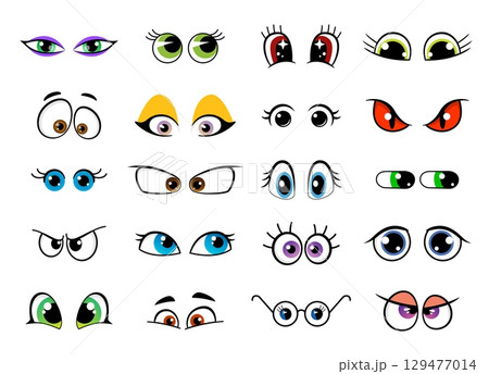 Cartoon character eyes with colorful pupils. Vector set of eyes showcasing a wide variety of emotions and expressions happy, angry, surprised, sleepy and quirky. Kit for animation, comics, avatars Cartoon character eyes with colorful pupils. Vector set of eyes showcasing a wide variety of emotions and expressions happy, angry, surprised, sleepy and quirky. Kit for animation, comics, avatars 129477014