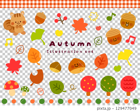 ほっこりかわいい手描きの秋のイラスト素材セット ほっこりかわいい手描きの秋のイラスト素材セット 129477049
