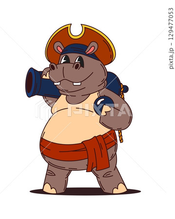 Cartoon hippo animal pirate and corsair ship crew character clad in tricorn hat and grinning broadly, standing with a cannon and cannonball. Vector hippopotamus personage exudes adventurous spirit Cartoon hippo animal pirate and corsair ship crew character clad in tricorn hat and grinning broadly, standing with a cannon and cannonball. Vector hippopotamus personage exudes adventurous spirit 129477053